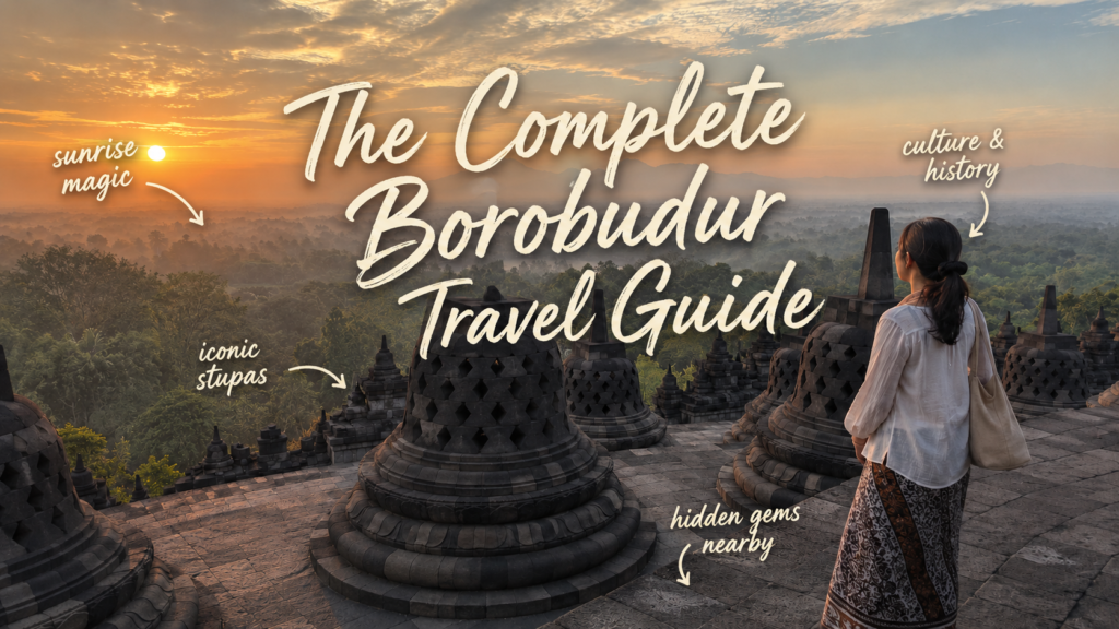 Borobudur Temple at sunrise with mist and stupas