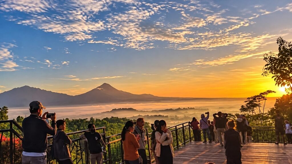 Misty Borobudur sunrise silhouette seen from a nearby hill viewpoint