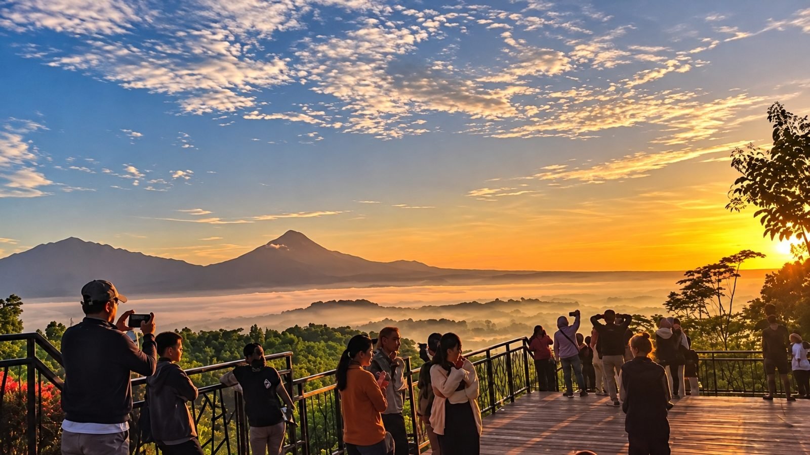 Misty Borobudur sunrise silhouette seen from a nearby hill viewpoint