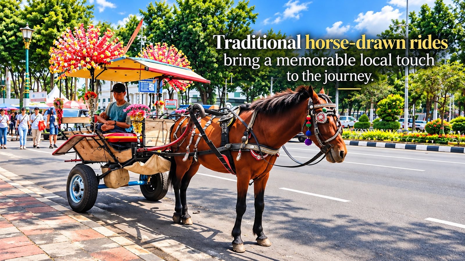Illustration of a decorated andong horse cart waiting by the roadside