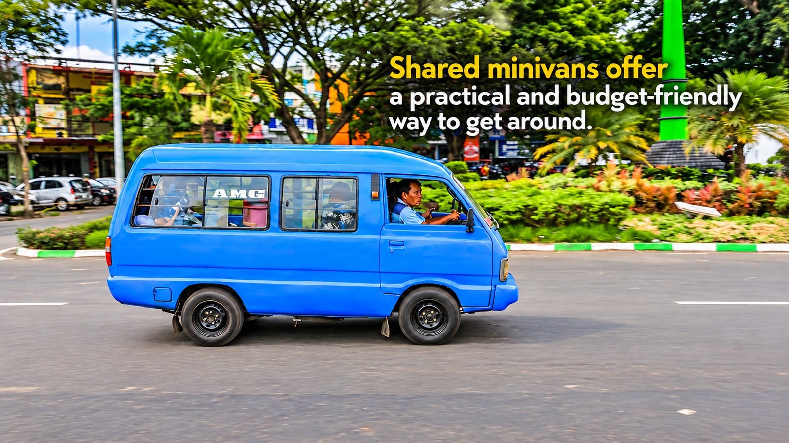 Illustration of a blue angkot shared minivan on a Magelang street