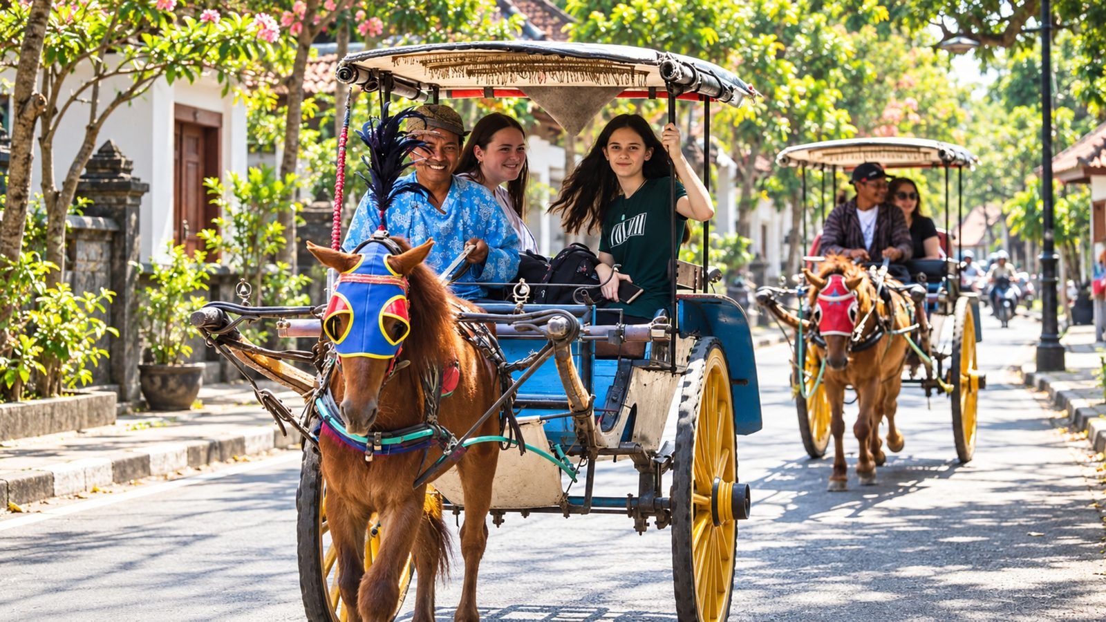 Travelers on a dokar (horse-drawn cart) ride, a common way to explore Candirejo village