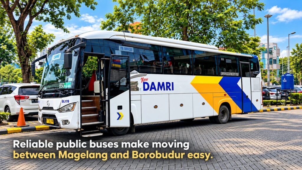 Illustration of a public bus parked in Magelang, transport Magelang without a car