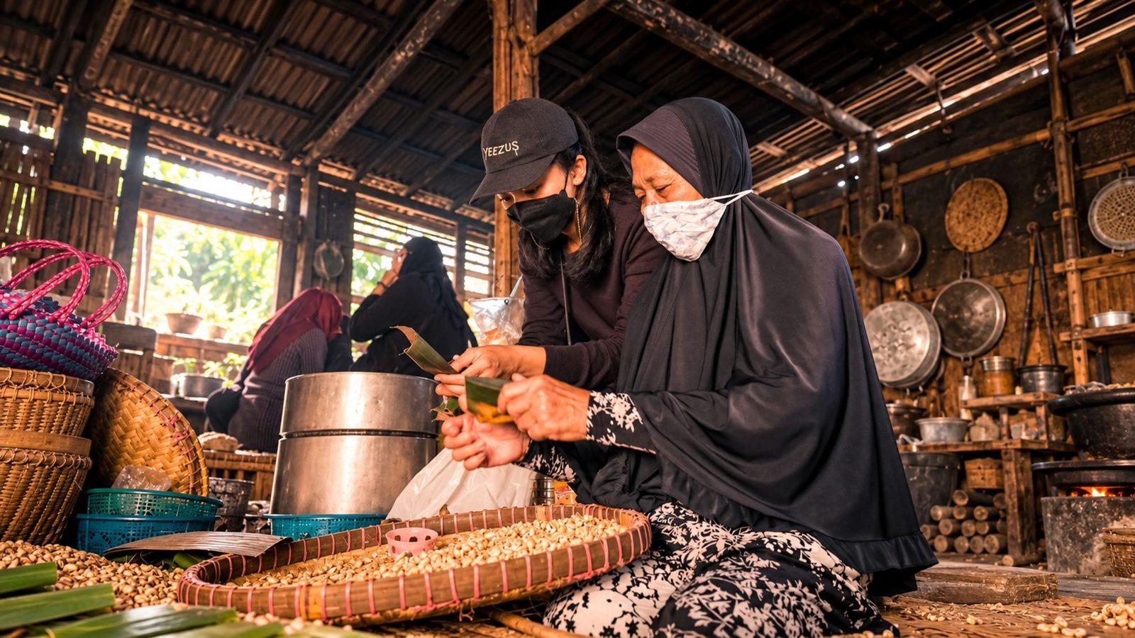Local women wrapping traditional snacks in leaves at a village home kitchen